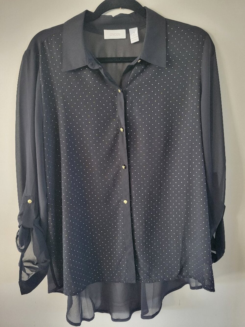 Chicos Black Sheer Studded Peplum Blouse L / XL Gold Accents Dark Romance Goth
